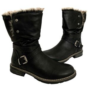 GC. SHOES Bailey Black Faux Fur Inside Zip Round-Toe Block Heel Boots SZ 9M New